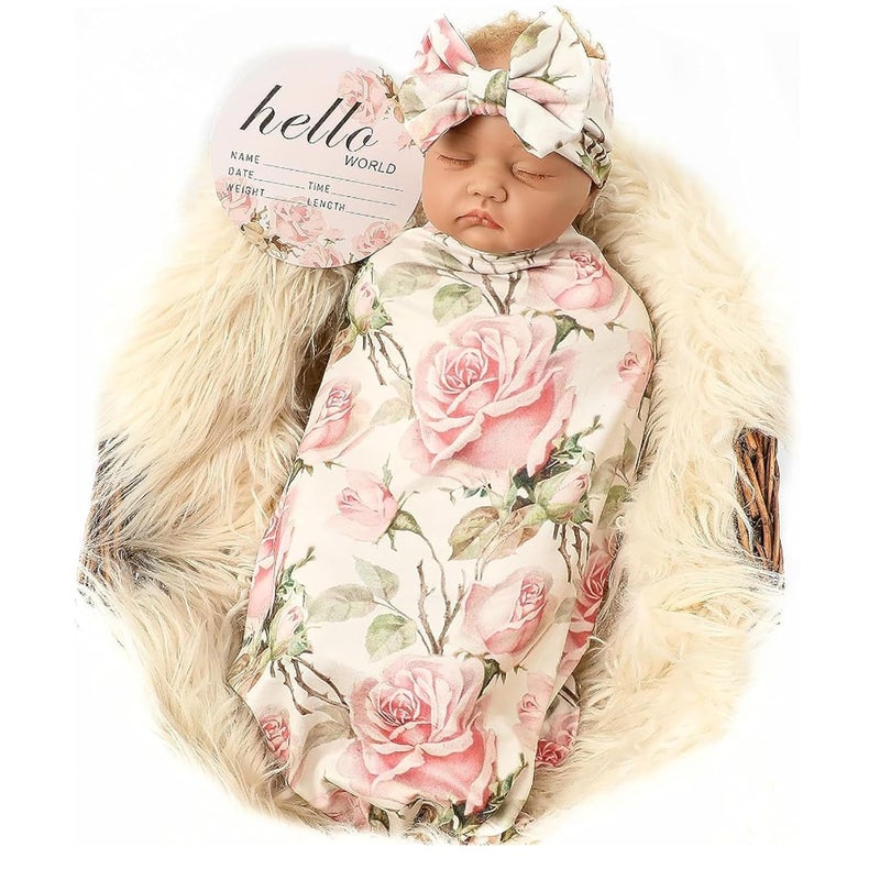 Galabloomer Newborn Receiving Blanket Headband Set Baby Flower Swaddle (vintage flower) - Image 1
